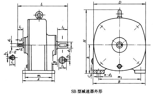 SB系列雙擺線針輪減速機外形及安裝尺寸、針齒中心圓直徑及傳動比